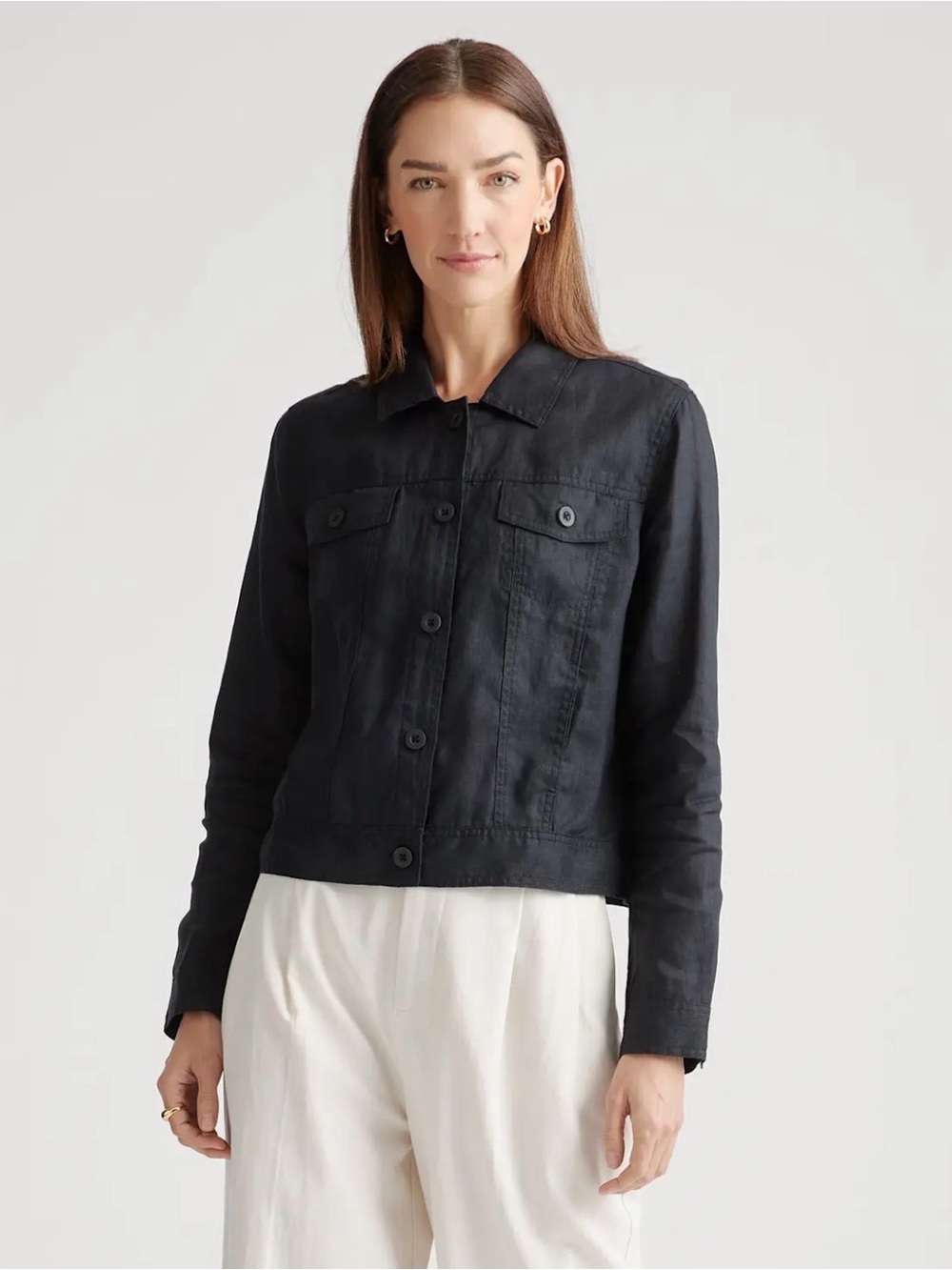 Quince Linen Womens Black Button-Front Jacket